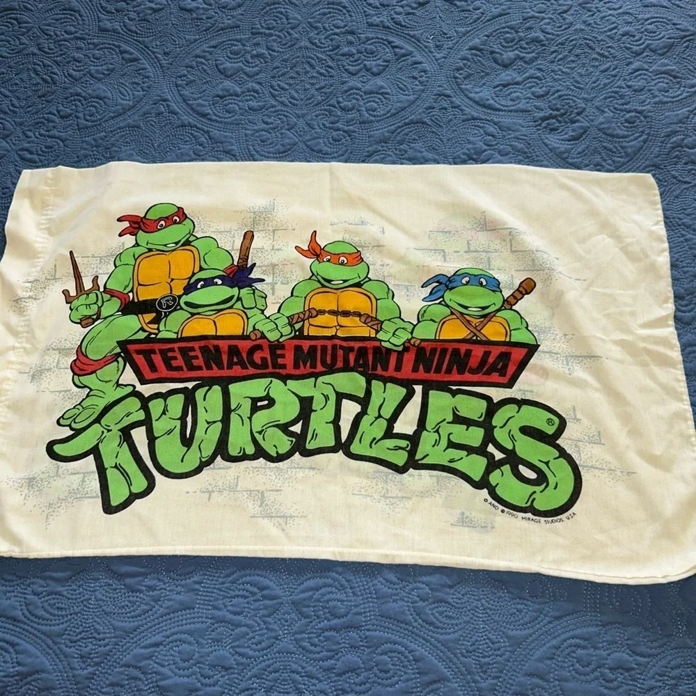 Vintage 1990 Twin Sheet Set Flat Fitted Pillowcase Teenage Mutant Ninja Turtles